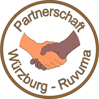 Logo mit Schrift: Partnerschaft Würzburg - Ruvuma ; Abgebildet sind 2 Hände unterschiedlicher Hauttöne, die sich halten