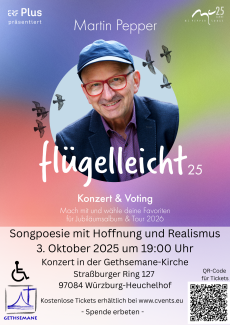 Plakat mit einem Portrait von Martin Pepper, umgeben von bunten Farben im Hintergrund. Schriftzug "flügelleicht"
