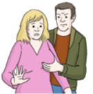 Zeichnung - Beispiel eines Übergriffs. Ein Mann schaut grimmig und greift einer Frau an die Brust. Sie schaut erschrocken.