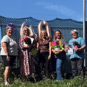 Gruppenbild von 5 Frauen, große Luftballons mit der Zahl 40 im Hintergrund